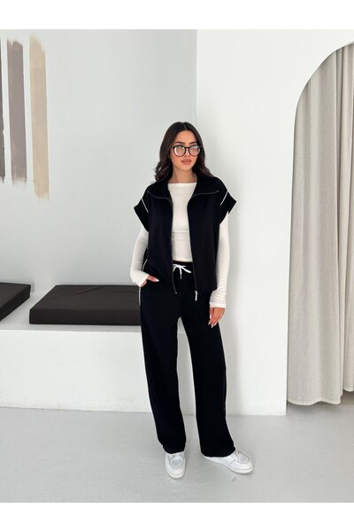 TheyYou Women's Stripe Detailed Vest Suit with Zipper, Loose Cut, Wide Leg Pa...