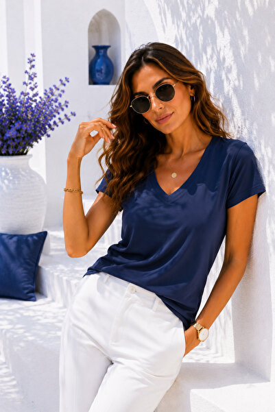 Rich Women's Viscose Short Sleeve V-Neck Relaxed Basic T-Shirt