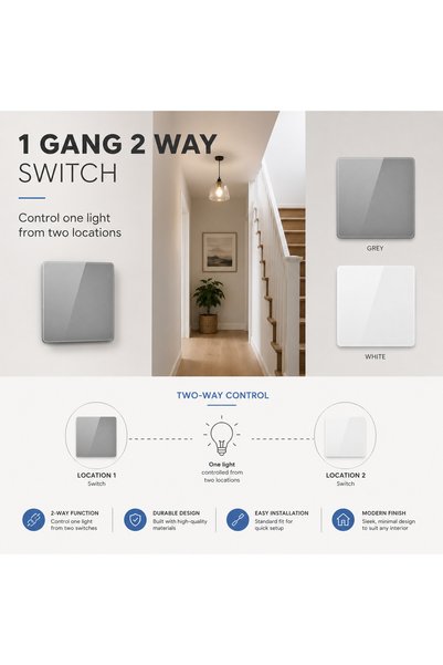 Vmax 1 Gang 2 Way Plate Switch, Glass Glossy Finish Wall Light Switch, Modern Square Electrical Rocker Switch for Home Office Hotel, Grey