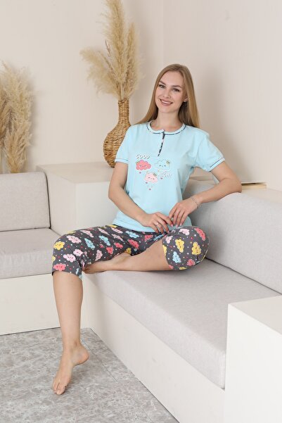 KAPİTEX Short Sleeve Crew Neck Capri Pajama Set