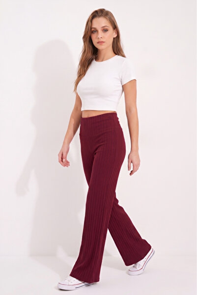 NEW JOURNAL Women's Burgundy Soft Textured High Waist Ribbed Trousers Nj168
