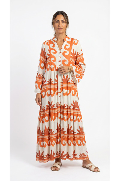 Şeker Portakalım Hakim Collar Front Buttoned Long Sleeve Bohemian Maxi Dress ...