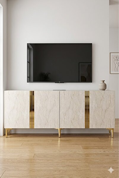 CENEYRA KA1898BTG ANKA Konsol ve Tv Sehpası Beyaz-Traverten-Gold 180cm