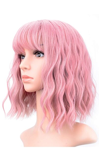 OEM Perucă ondulată cu breton, sintetică, bob, violet-roz pastel, 30 cm
