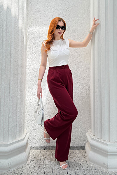 NEW JOURNAL Women's Burgundy Button Detailed Elastic Waist Palazzo Trousers N...