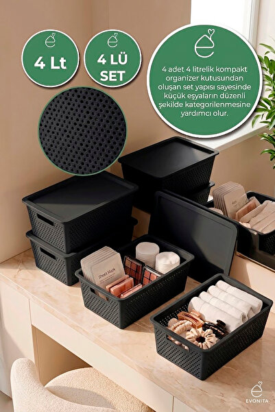 EVONİTA 4lü Kapaklı Saklama Kutusu 4 Lt Çok Amaçlı Organizer Banyo Mutfak Dol...