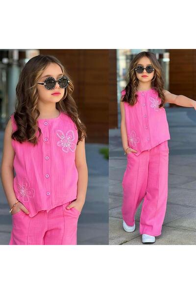 Bambam Girl's Muslin Trouser Suit – Stylish Embroidery Detailed Summer Combin...