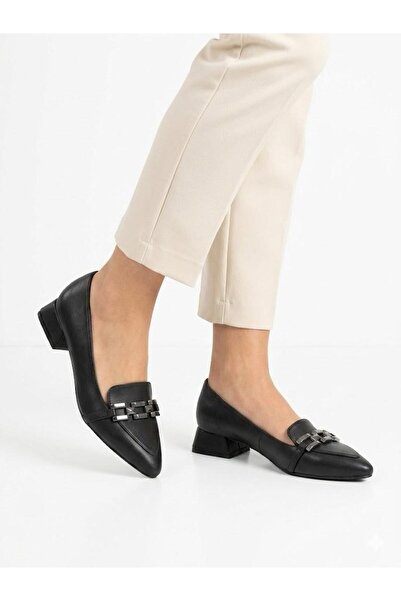 Lütfi Women's Black Thick Heel Comfortable Fit Heeled Ballerina Shoes
