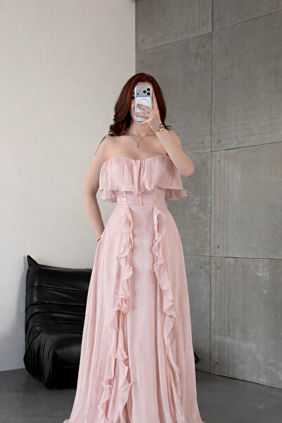AYŞENUR DİNÇER Butterfly Fırfırlı Abiye Pudra