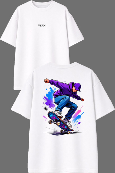 VSRN تي شيرت أبيض كبير الحجم بتصميم Mor Sweatli Skateboarder مطبوع من الأمام ...
