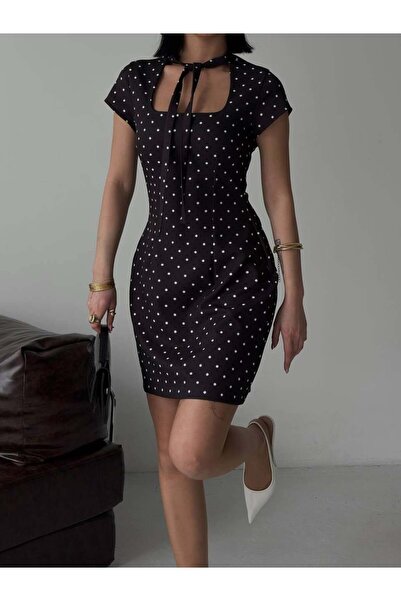VESS MODA Scarf Detailed Polka Dot Mini Dress