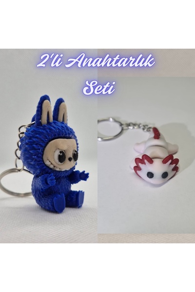 3DAtölyeMaker Blue Labubu and Light Pink Flexible Axolotl Keychain