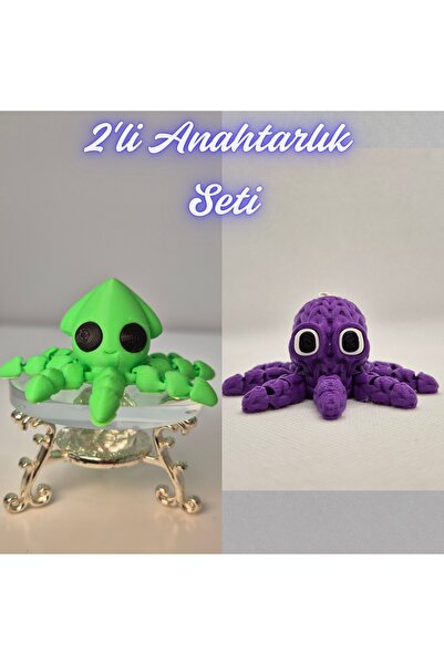 3DAtölyeMaker Light Green Squid and Purple Knitted Pattern Octopus Keychain