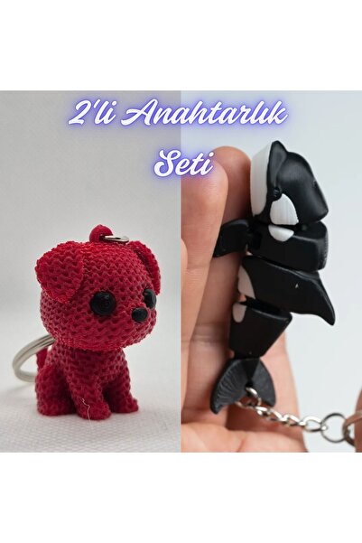 3DAtölyeMaker Fire Engine Red Knitted Patterned Dog and Black Flexible Whale ...