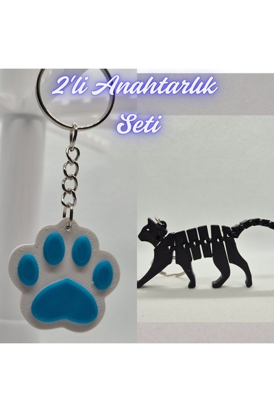 3DAtölyeMaker Light Blue Cat Paw and Black Flexible Cat Keychain