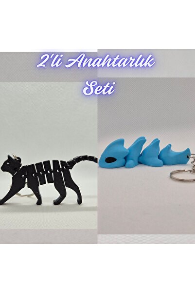 3DAtölyeMaker Black Flexible Cat and Light Blue Flexible Dragon Keychain