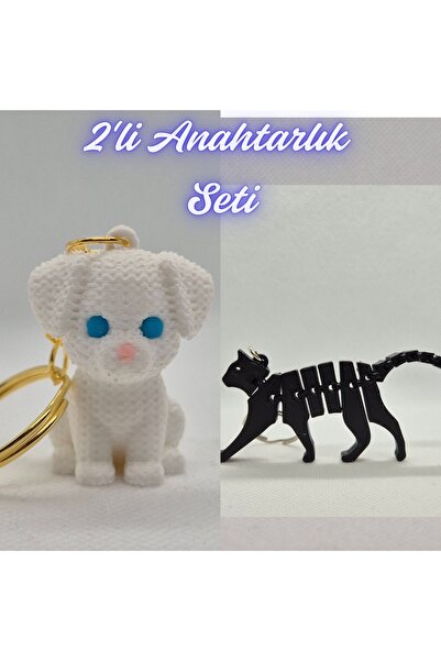 3DAtölyeMaker White Knitted Pattern Dog-2 and Black Flexible Cat Keychain