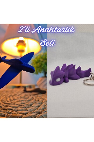 3DAtölyeMaker Blue Airplane and Purple Flexible Dragon Keychain