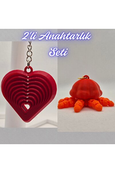 3DAtölyeMaker Fire Engine Red Moving Heart and Orange Moving Jellyfish Keychain