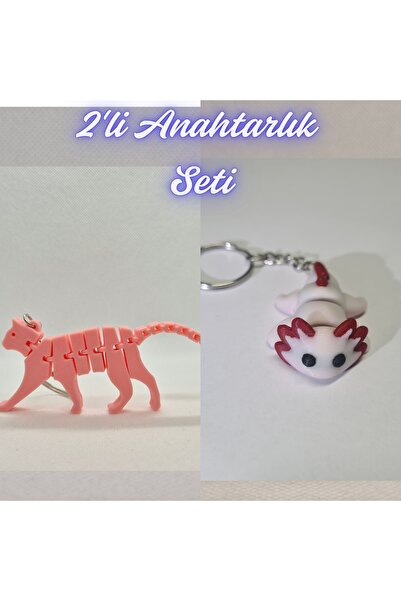 3DAtölyeMaker Light Pink Flexible Cat and Light Pink Flexible Axolotl Keychain