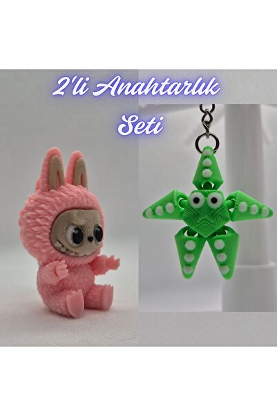 3DAtölyeMaker Light Pink Labubu and Green Moving Starfish Keychain