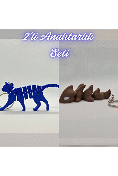3DAtölyeMaker Blue Flexible Cat and Dark Brown Flexible Dragon Keychain