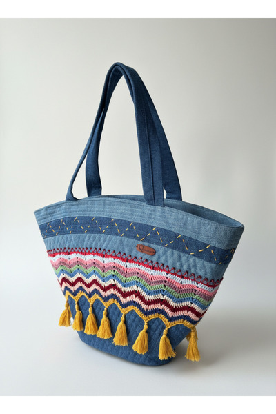 QuZeLLiK Püsküllü Bohem Denim Tote Çanta