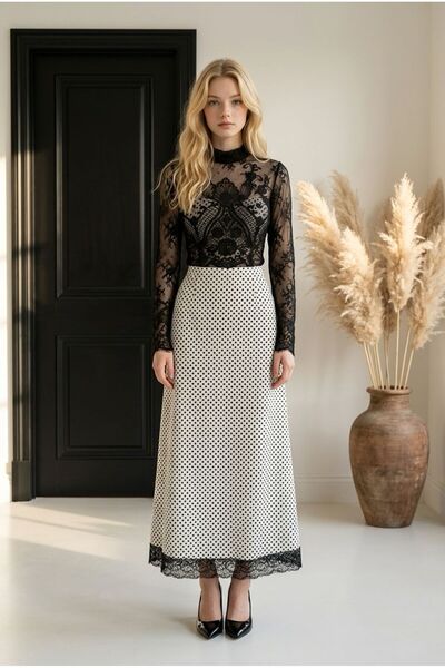 maria fashion فستان منقط كريب استرتش +دانتيل