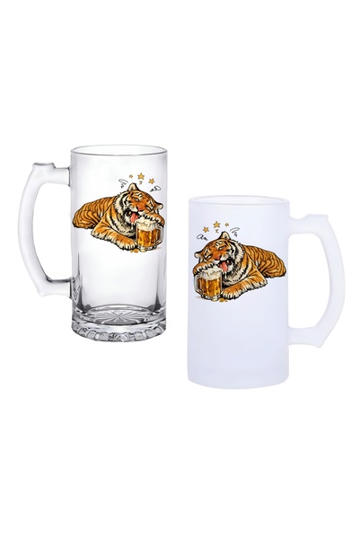 Ghostbastır Drunk Tiger Beer Glass with Handle, Available in Frosted or Trans...