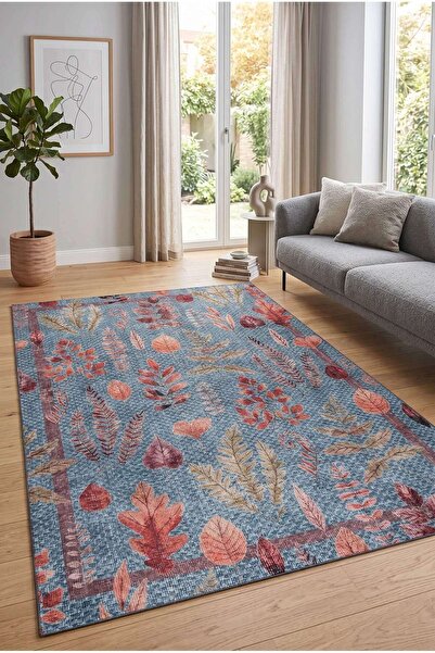 ARTLOOP Florart Mavi Çiçek Desenli Dokuma Tabanlı Modern Şönil Halı AL 548