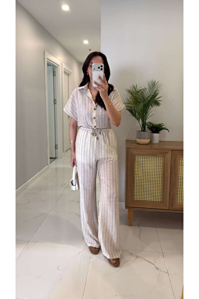 BİRCANÇİL Mullis Ecru Striped Shirt and Pants Set