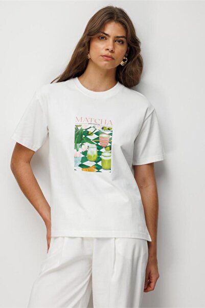 Mizalle Matcha Baskılı Suprem Beyaz T-Shirt