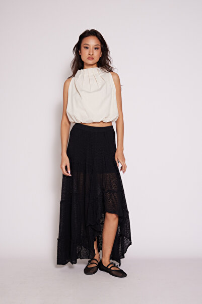 Nisan Asymmetric Ruffled Knit Skirt Black
