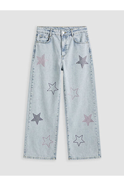LC Waikiki Pantaloni din denim pentru fete cu picior larg și aplicații de str...
