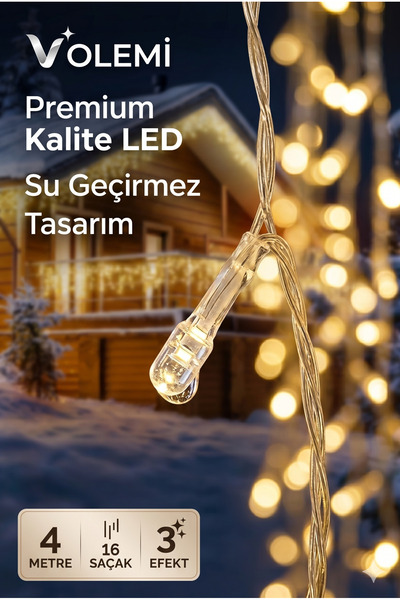 VOLEMİ 4 Metre Sarı Sarkıt Led Işık - 16 Saçak, Eklenebilir, 3 Efektli Fişli Balkon ve Perde Süsü