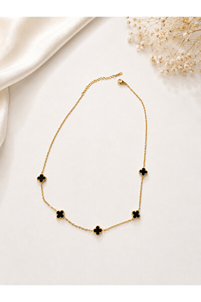 Lilith Takı Black Clover Detailed Gold Women's Necklace |   Elegant Minimal S...