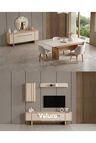 Velura Home & Living Eylül Yemek Odası Takımı - Naturel Meşe ve Krem (TV Ünit...