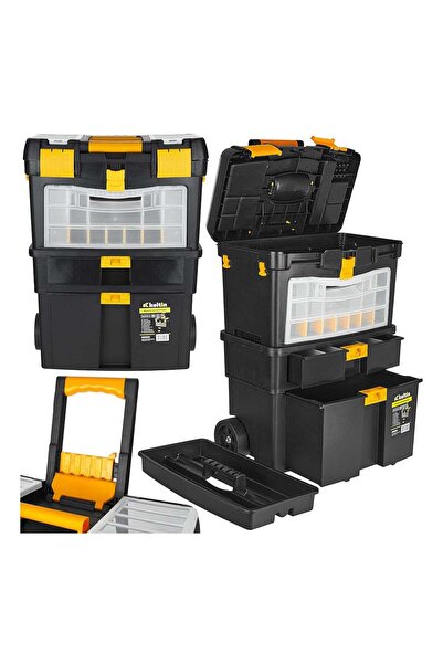 GEKO SET OF 3 PLASTIC MODULAR TOOL BOXES WITH WHEELS AND KELTIN HANDLE
