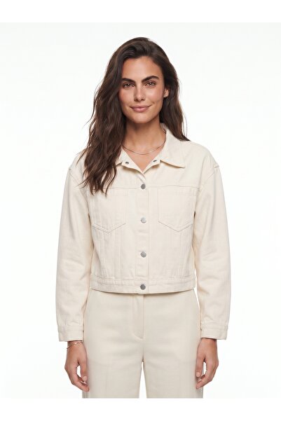 ONLOOX Cream Cotton Denim Classic Collar Cropped Cut Double Pocket Long Sleev...