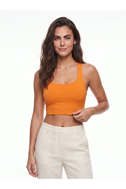 ONLOOX Orange Cotton Stretch Fabric Square Neck Crop Cut Sports Athlete Knitt...