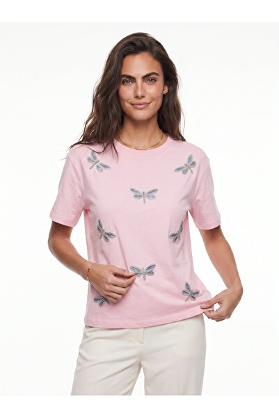 ONLOOX Candy Pink Cotton Crew Neck Comfortable Fit Beaded Stone Embroidered D...