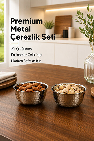 Vienev Paslanmaz Metal 2'li Çerezlik Kase Takımı - 9,5x6 cm Lüks Sunum ve Sos...