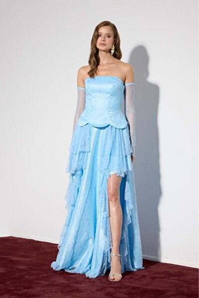 MARE BUTİK Ice Blue Lace Detailed Princess Evening Dress-38
