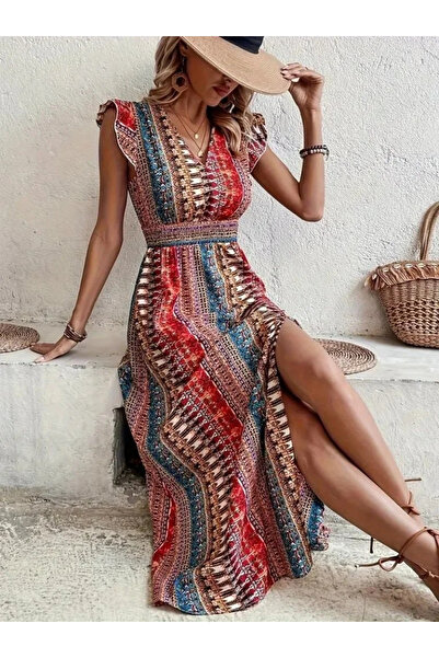 USLUCAN ALIŞVERİŞ Women's Short Sleeve V-Neck Print Side Slit Single Jersey D...