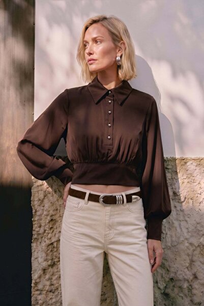 Sateen Button Detailed Satin Blouse - Brown