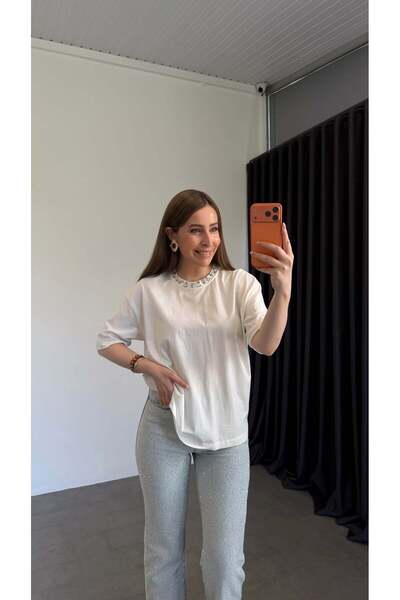 elif teke Arin Collar Staple Stone T-Shirt Ecru