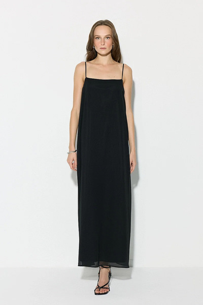 Gusto Long Chiffon Evening Dress with Thin Straps - Black