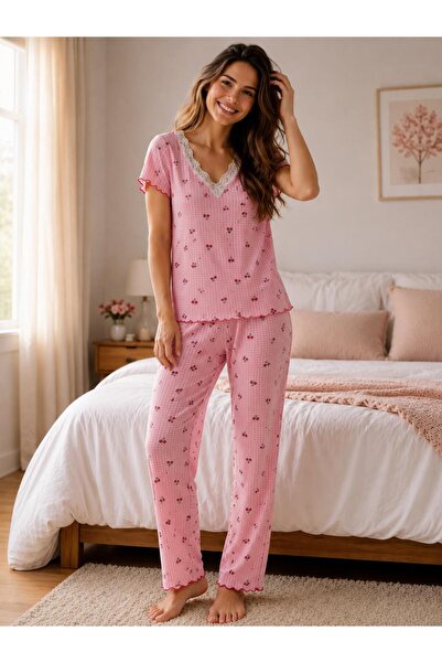 muraystore Kiraz Desenli Bürümcük Kumaş Pijama Takımı – Yumuşak Dokulu Rahat ...