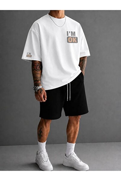 LOTS MODA Men's I'M Ok Printed Oversize 100% Cotton T-Shirt Shorts Set