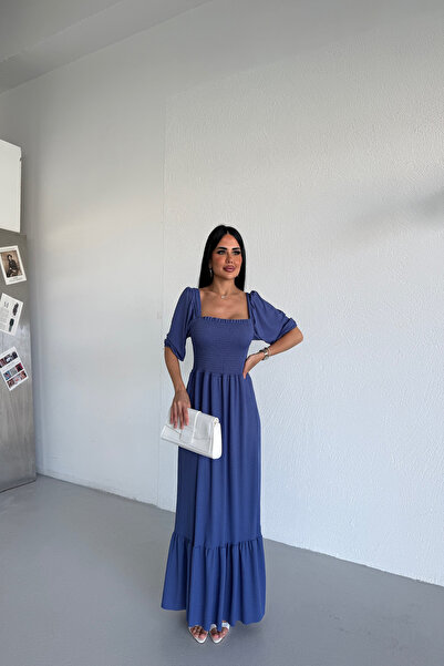 LİLA İSTANBUL Women's Square Neck Balloon Sleeve Maxi Dress